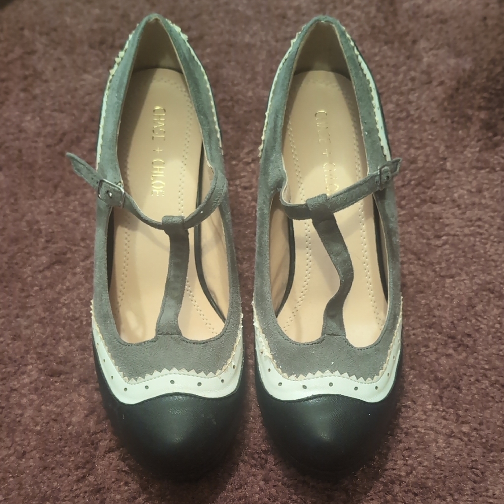 Chase + Chloe and Black, White, Gray T-Strap Pumps